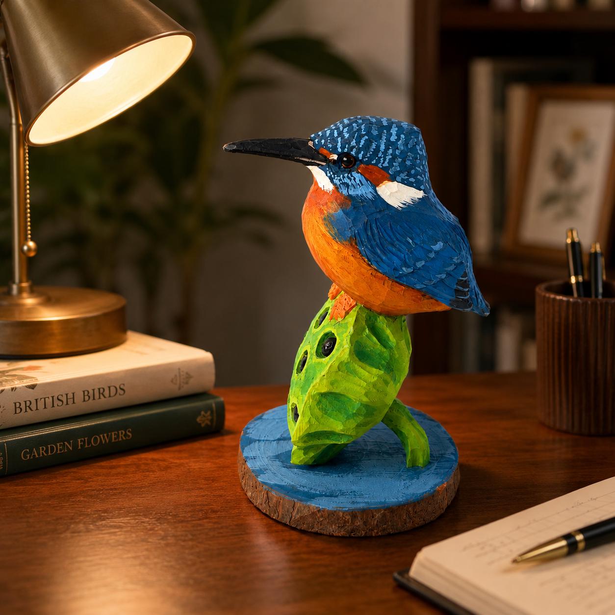 Vibrant Hand-Carved Wooden Kingfisher Figurine Lotus Pod Sculpture Nature Decor Bird Lover Gift