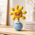 Hand Carved Wooden Sun Figurine, Smiley Sun on Blue Globe, Cheerful Yellow Sun Sculpture, Fun Kids Room Decor, Unique Sunshine Gift