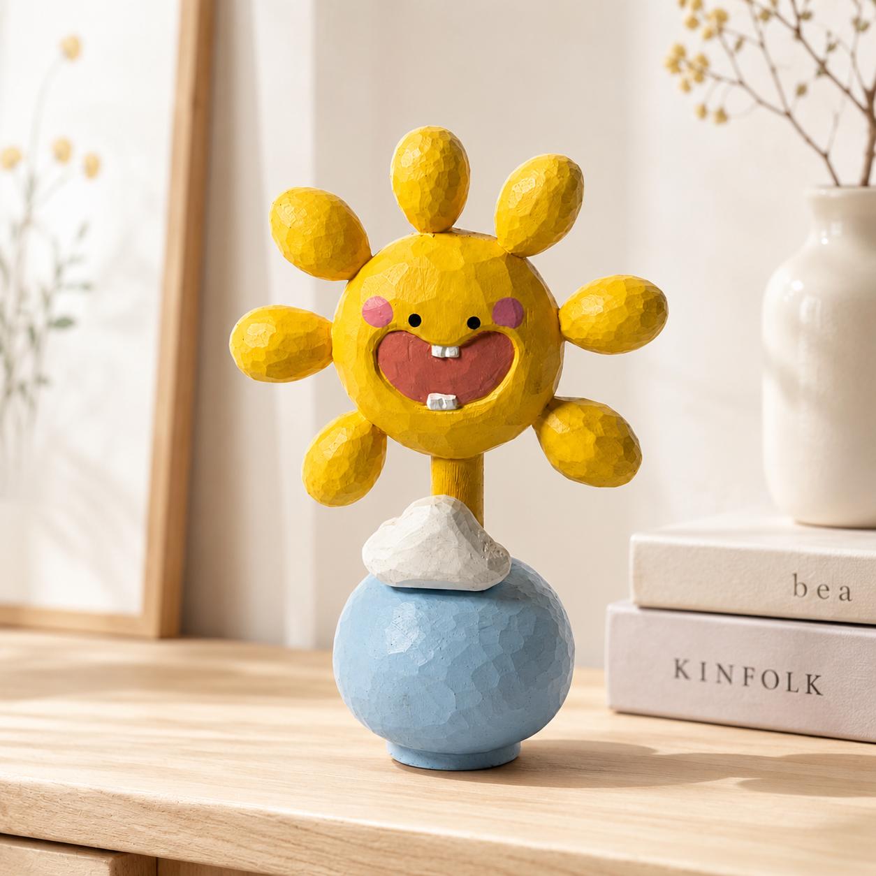 Hand Carved Wooden Sun Figurine, Smiley Sun on Blue Globe, Cheerful Yellow Sun Sculpture, Fun Kids Room Decor, Unique Sunshine Gift