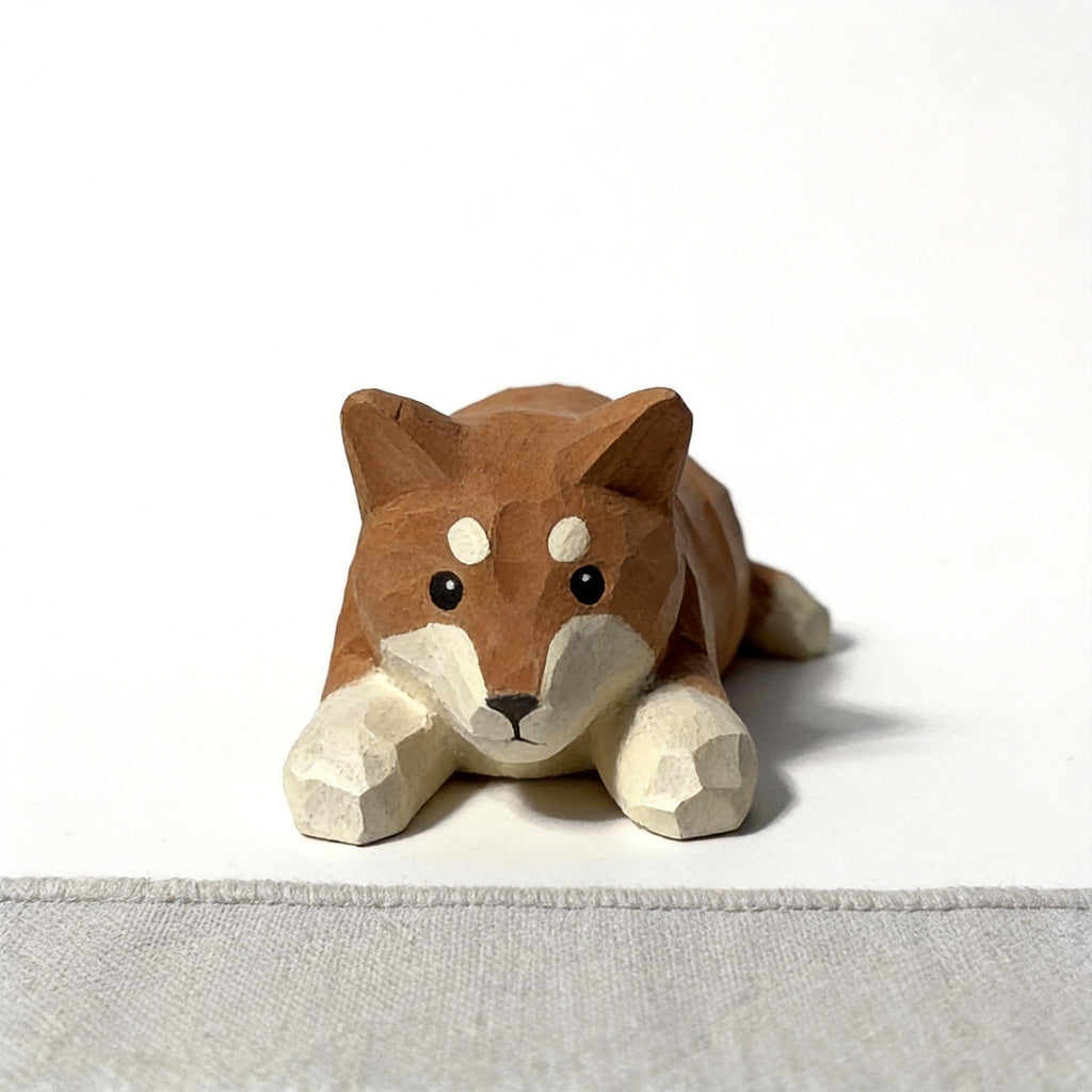 Sleepy Shiba Inu Wood Carving Cute Lying Dog Figurine Handmade Desk Pet Decor Gift for Dog Lovers