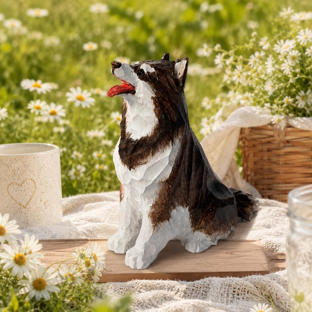 Cheerful Wooden Husky Figurine Hand Carved Dog Statue Rustic Pet Memorial Desk Decor Dog Lover Gift