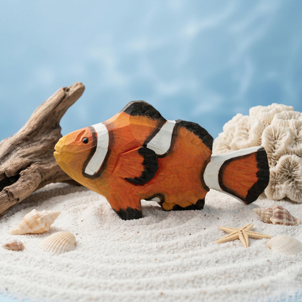 Hand Carved Wooden Clownfish Figurine, Nautical Nursery Decor, Tropical Sea Animal Sculpture, Hand Painted Fish Ornament