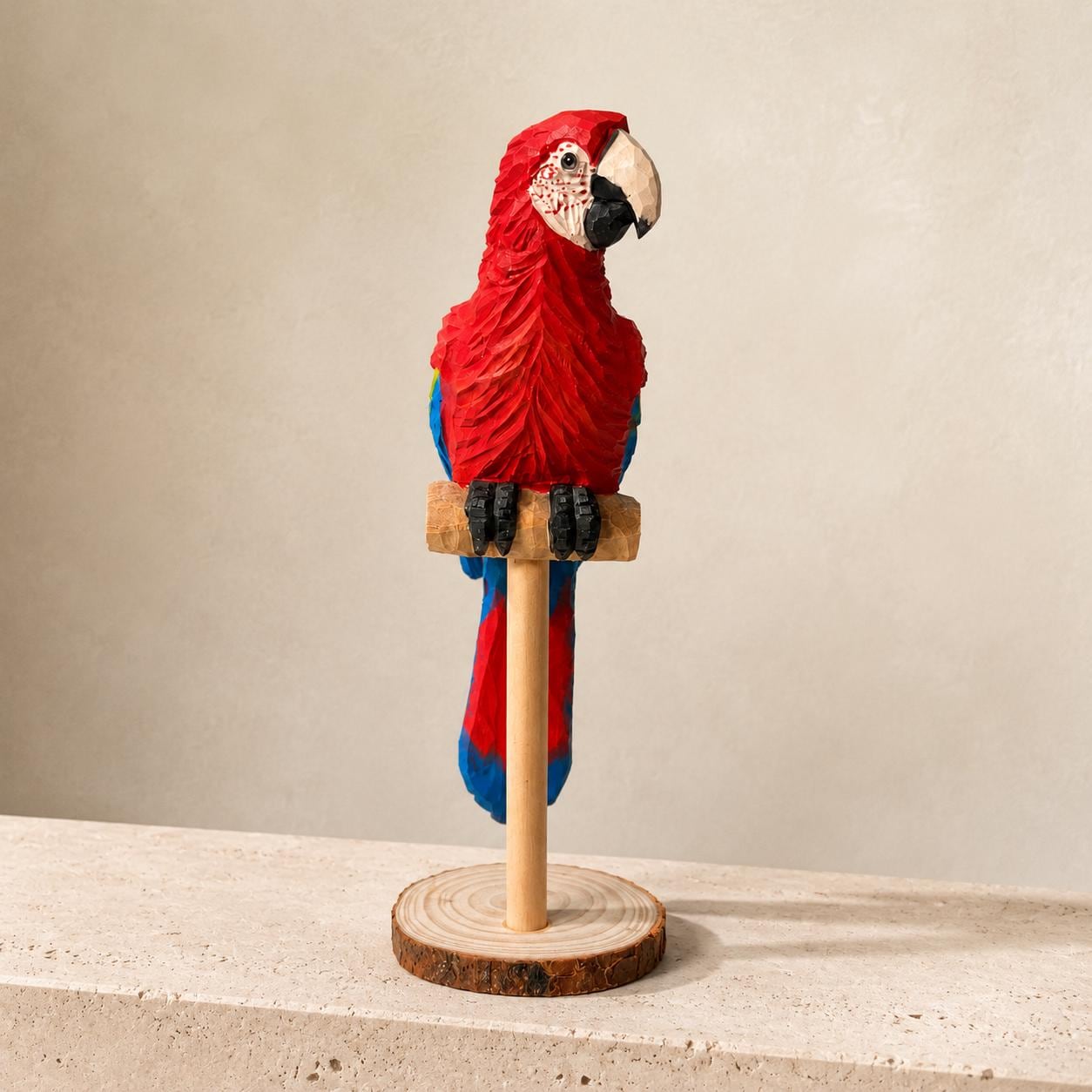 Vibrant Scarlet Macaw Wood Carving Tropical Bird Decor Wooden Parrot Figurine Unique Gift for Bird Lover