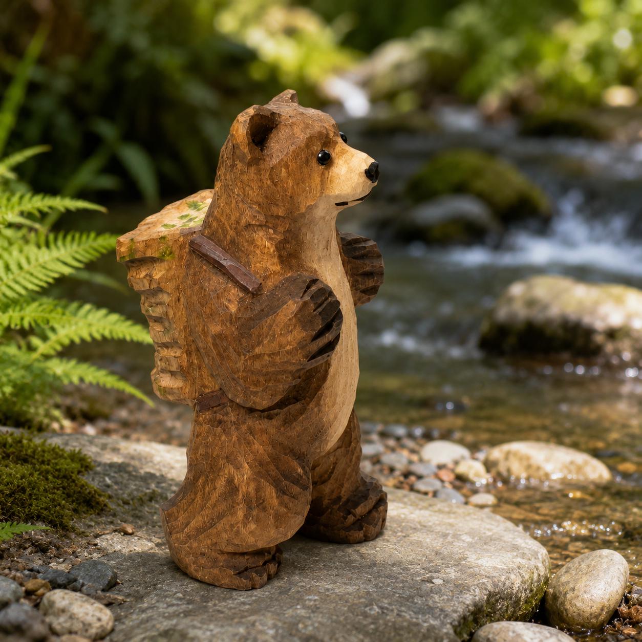 Hand-Carved Wooden Bear with Backpack Figurine | Whimsical Forest Hiker Decor | Cute Wood Animal Sculpture | Nature Lover Gift