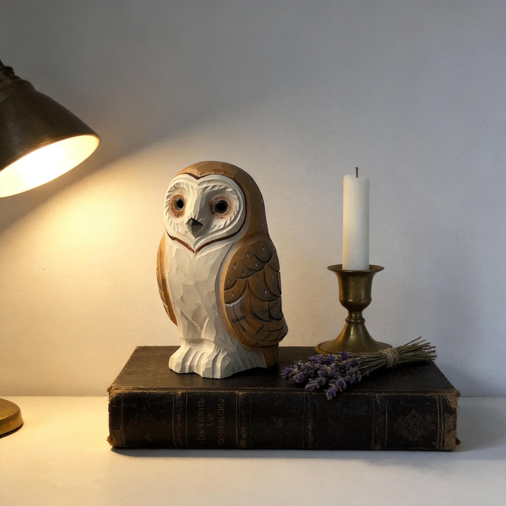 Rustic Wooden Barn Owl Hand Carved Bird Figurine Woodland Decor Unique Owl Lover Gift Hand Painted Wood Animal Statue