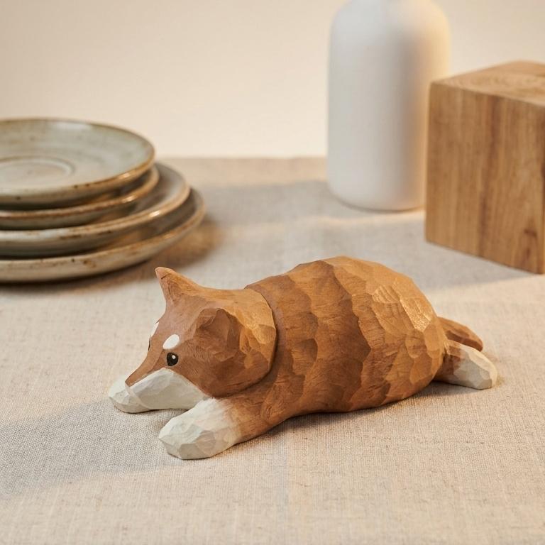 Sleepy Shiba Inu Wood Carving Cute Lying Dog Figurine Handmade Desk Pet Decor Gift for Dog Lovers