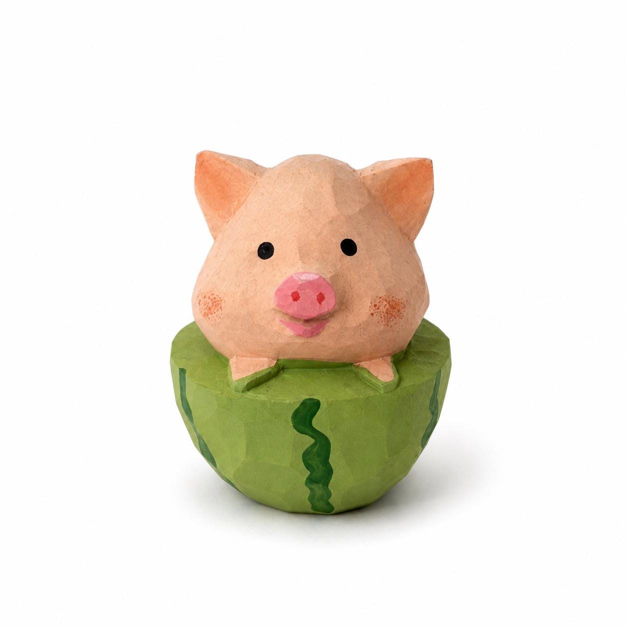 Whimsical Wooden Pig in Watermelon Figurine Hand Carved Miniature Desk Decor Cute Summer Gift for Pig Lovers