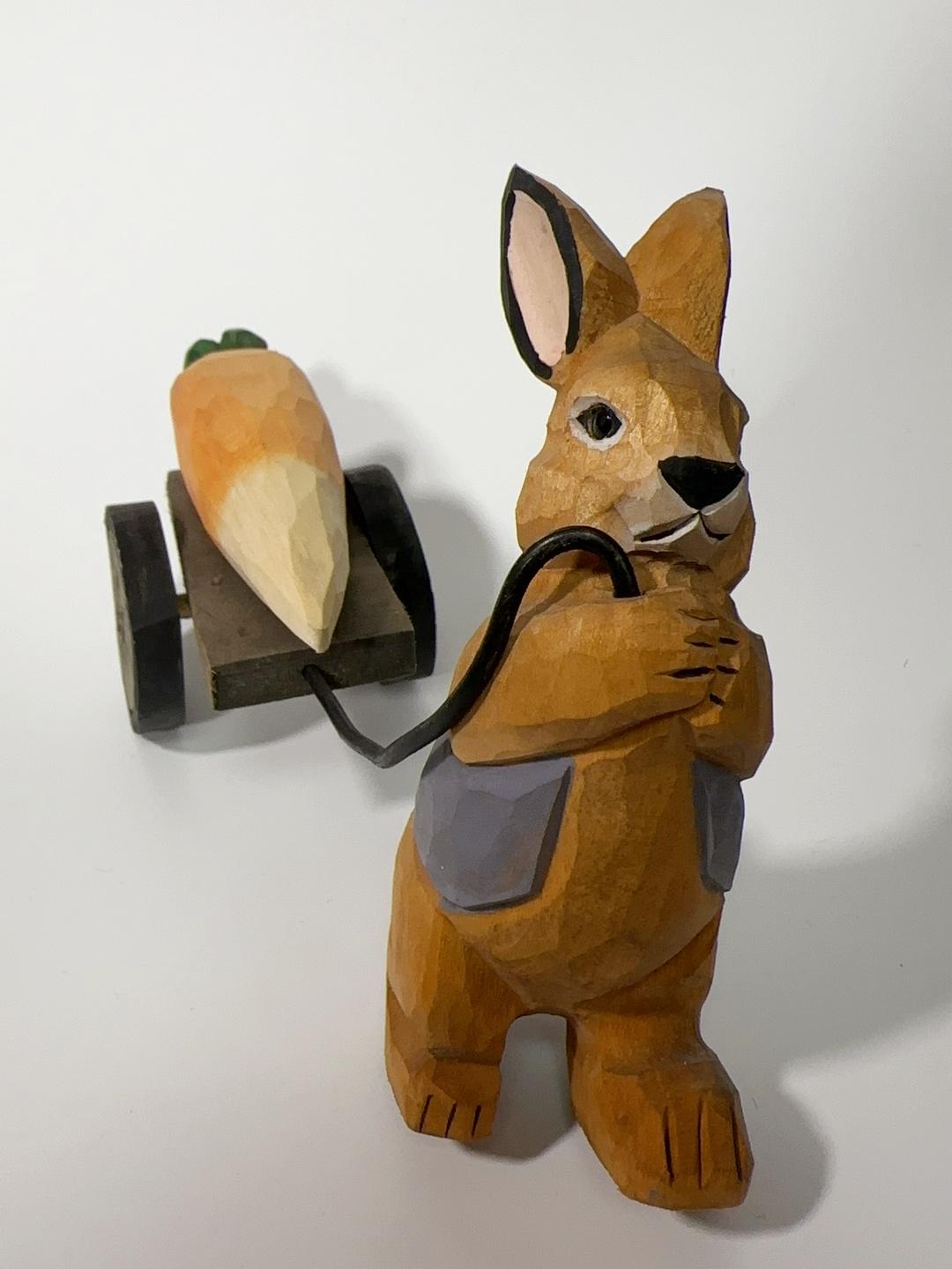Handmade Wooden Rabbit Figurine, Bunny Pulling Wagon, Easter Decor, Gardener Gift, Spring Animal Art