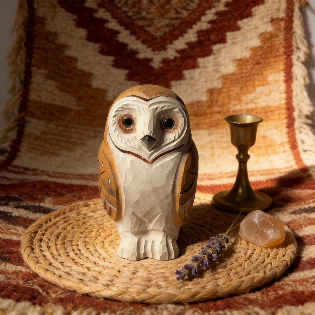 Rustic Wooden Barn Owl Hand Carved Bird Figurine Woodland Decor Unique Owl Lover Gift Hand Painted Wood Animal Statue
