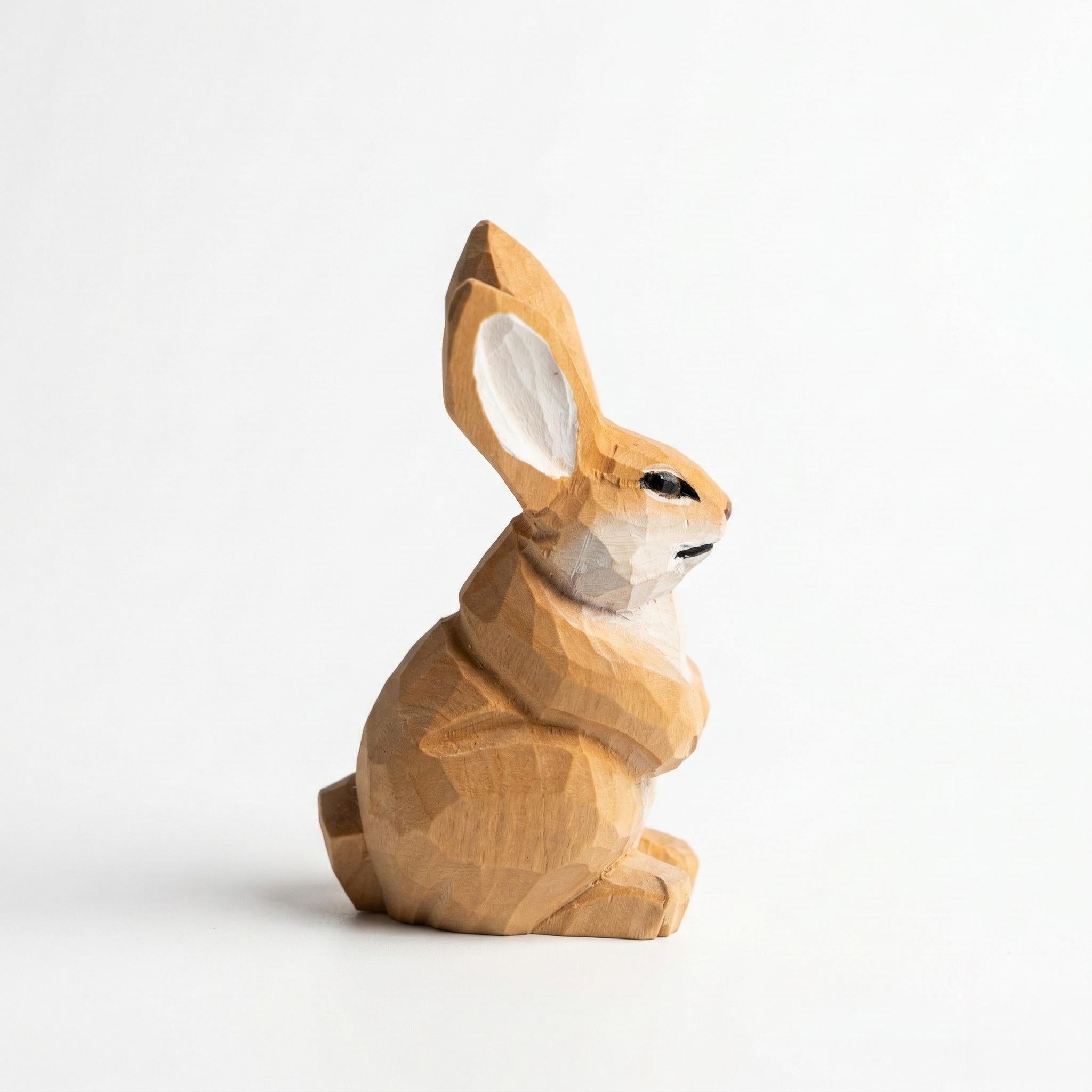 Hand Carved Wooden Bunny Figurine, Geometric Woodland Animal Statue, Minimalist Decor