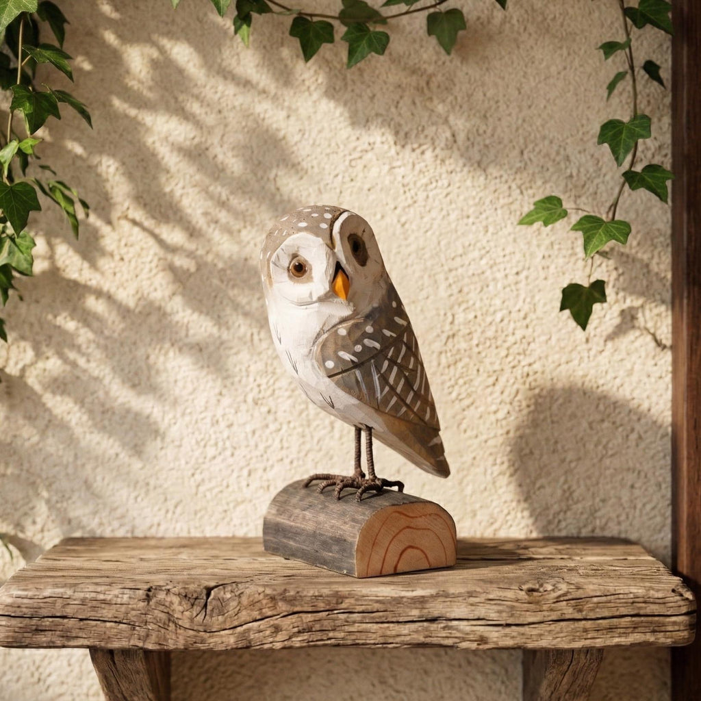 Hand-Carved Wooden Owl Figurine | Rustic Log Woodland Bird Shelf Decor