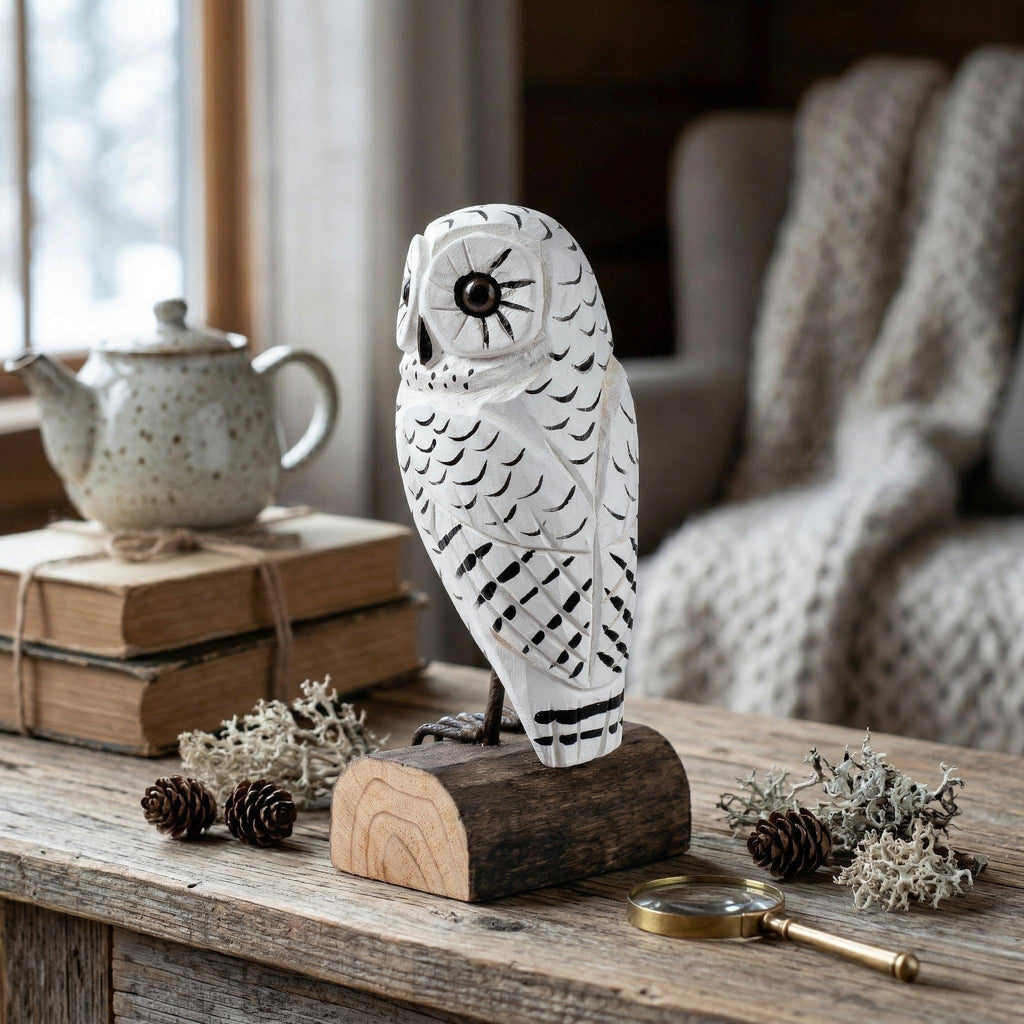 Hand Carved Wooden Snowy Owl Figurine, Rustic Woodland Bird Decor, Miniature Wood Animal Sculpture, Unique Gift for Bird Lovers Nature Fan
