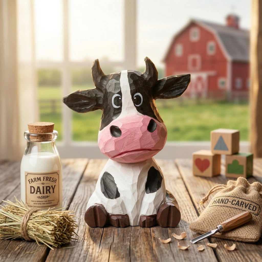 Whimsical Hand Carved Wooden Cow Figurine Sitting Farmhouse Decor Rustic Animal Art Unique Gift for Cow Lovers Nursery Shelf Decor