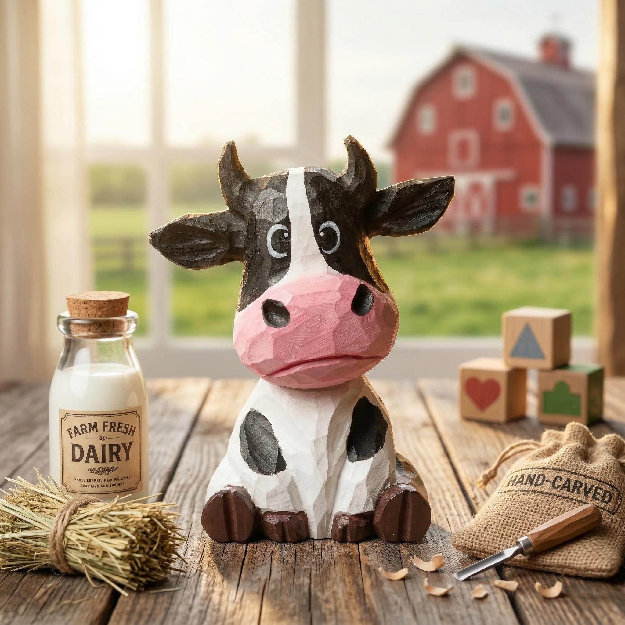 Whimsical Hand Carved Wooden Cow Figurine Sitting Farmhouse Decor Rustic Animal Art Unique Gift for Cow Lovers Nursery Shelf Decor