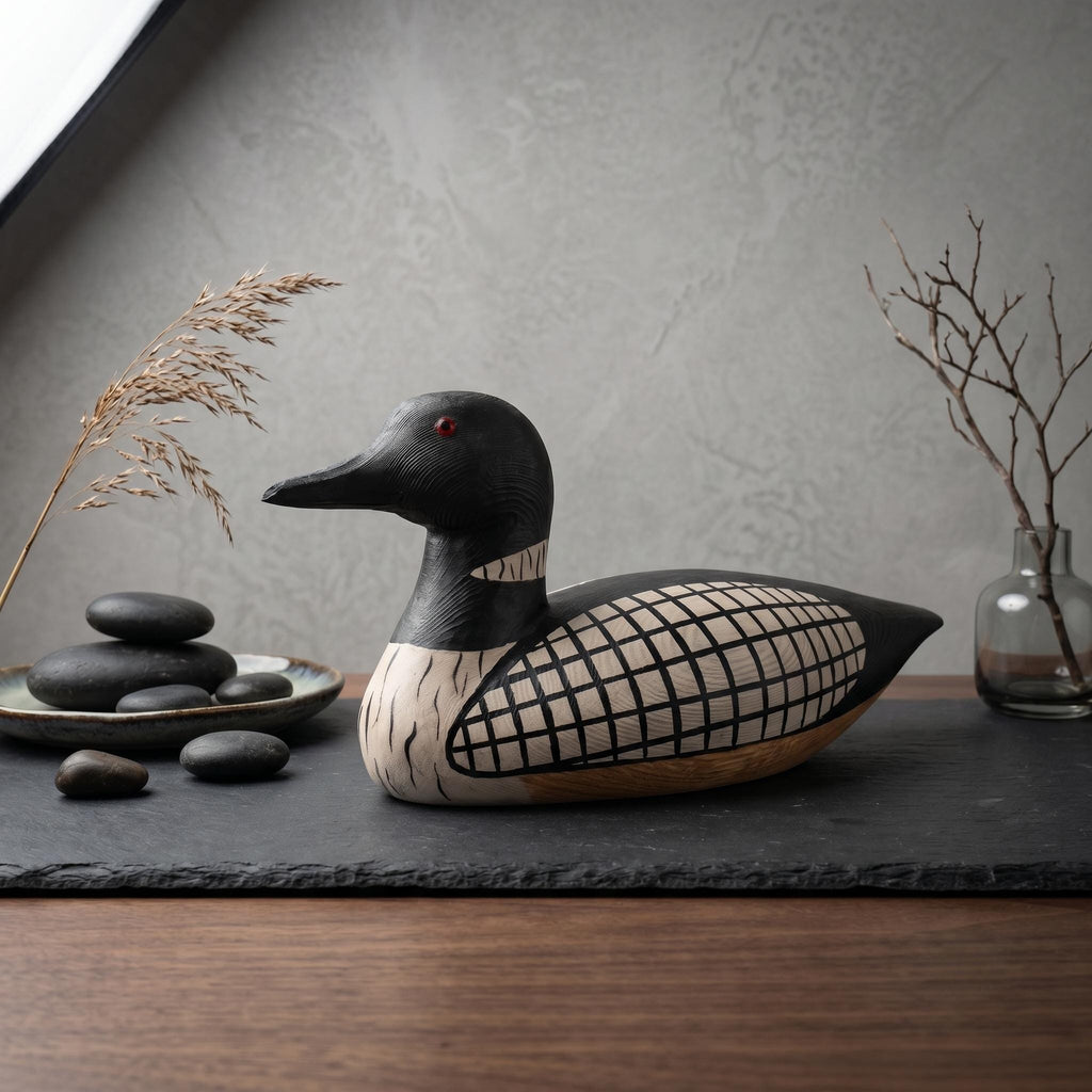 Hand-Carved Wooden Loon Figurine, Rustic Lake House Decor, Black and White Bird Art, Cabin Core Accent, Unique Gift for Bird Lovers