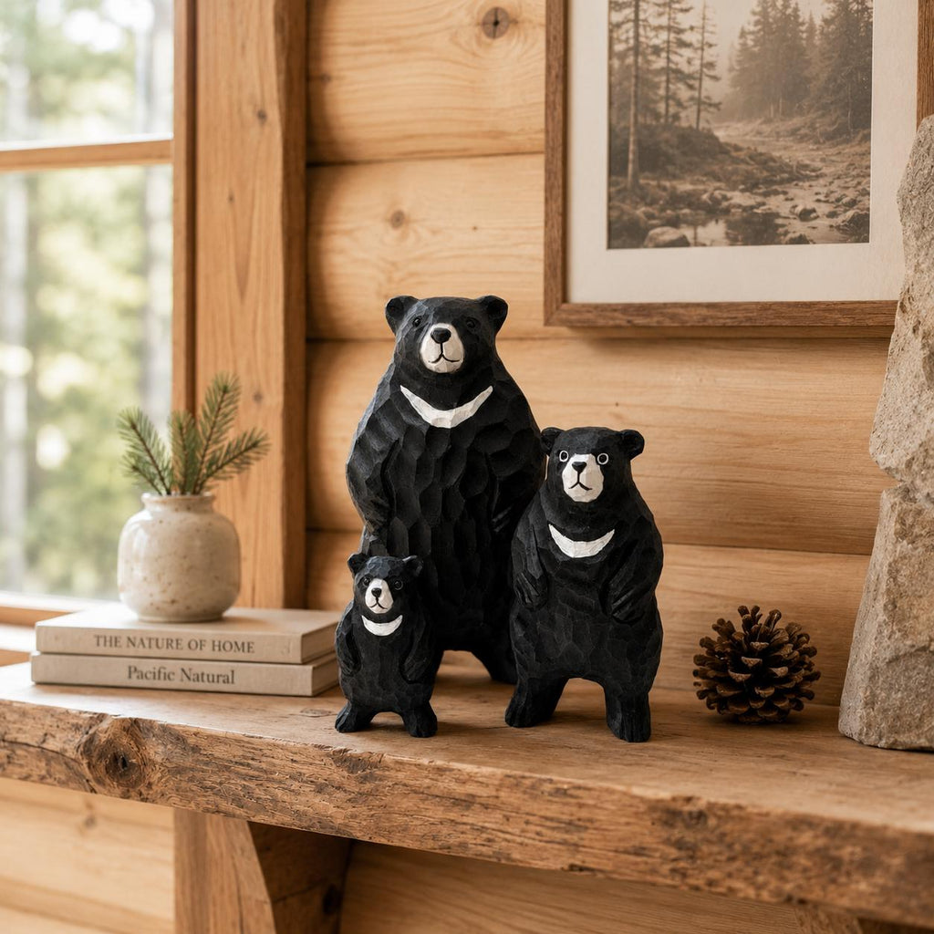 Hand Carved Wood Black Bear Family Set Rustic Woodland Nursery Decor New Mom Gift