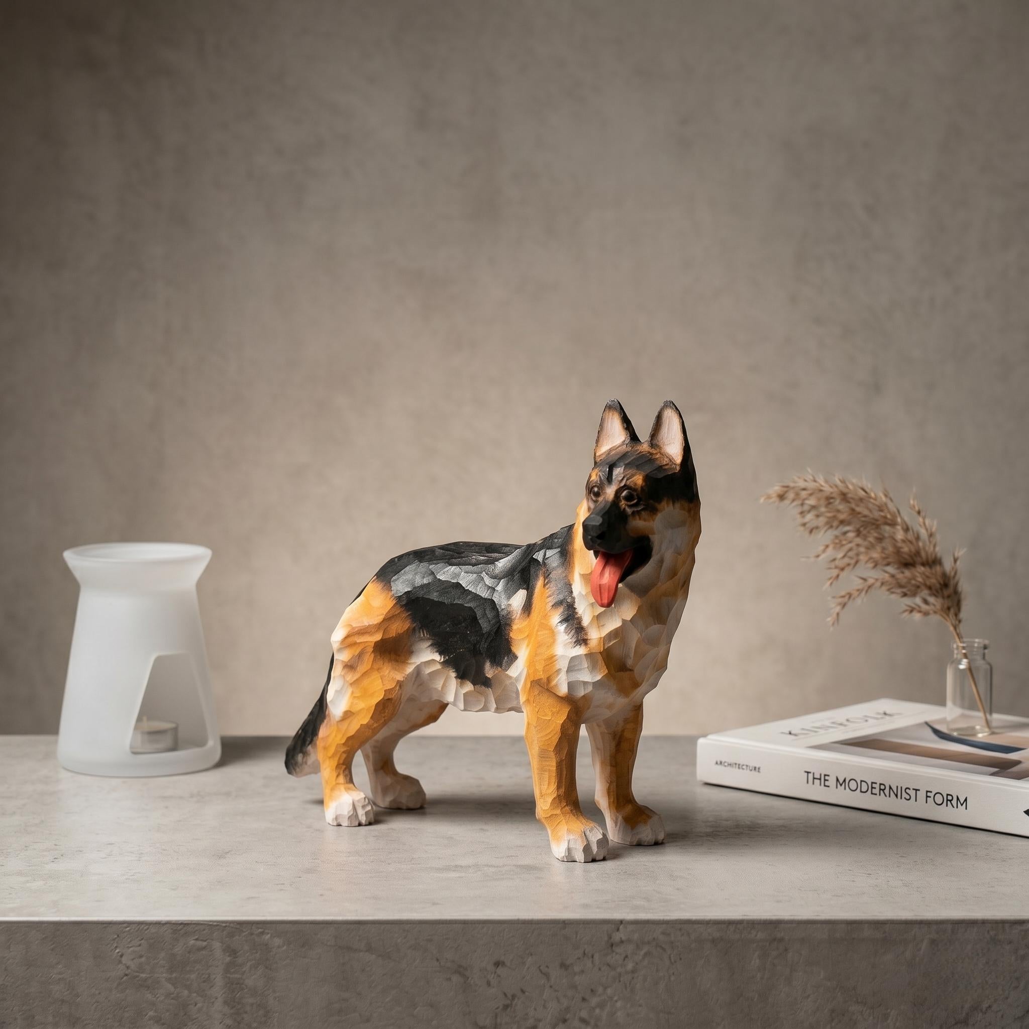 Loyal Hand Carved Wooden German Shepherd Figurine, Rustic Dog Sculpture Pet Memorial Art, Unique Gift for Dog Lover
