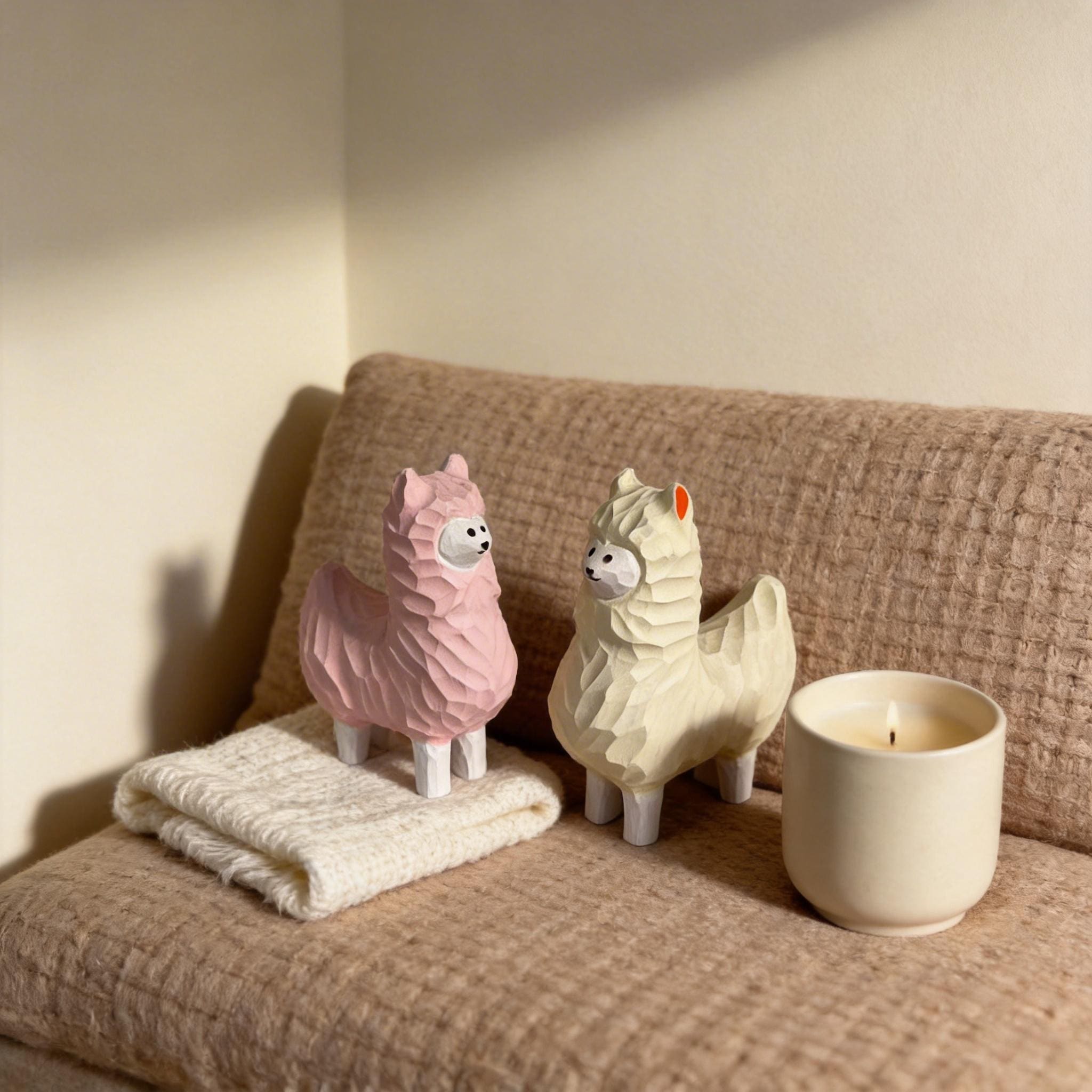 Whimsical Wooden Alpaca Couple Hand Carved Llama Figurines Pastel Nursery Decor Unique Animal Lover Gift Desk Pet Wood Anniversary Present