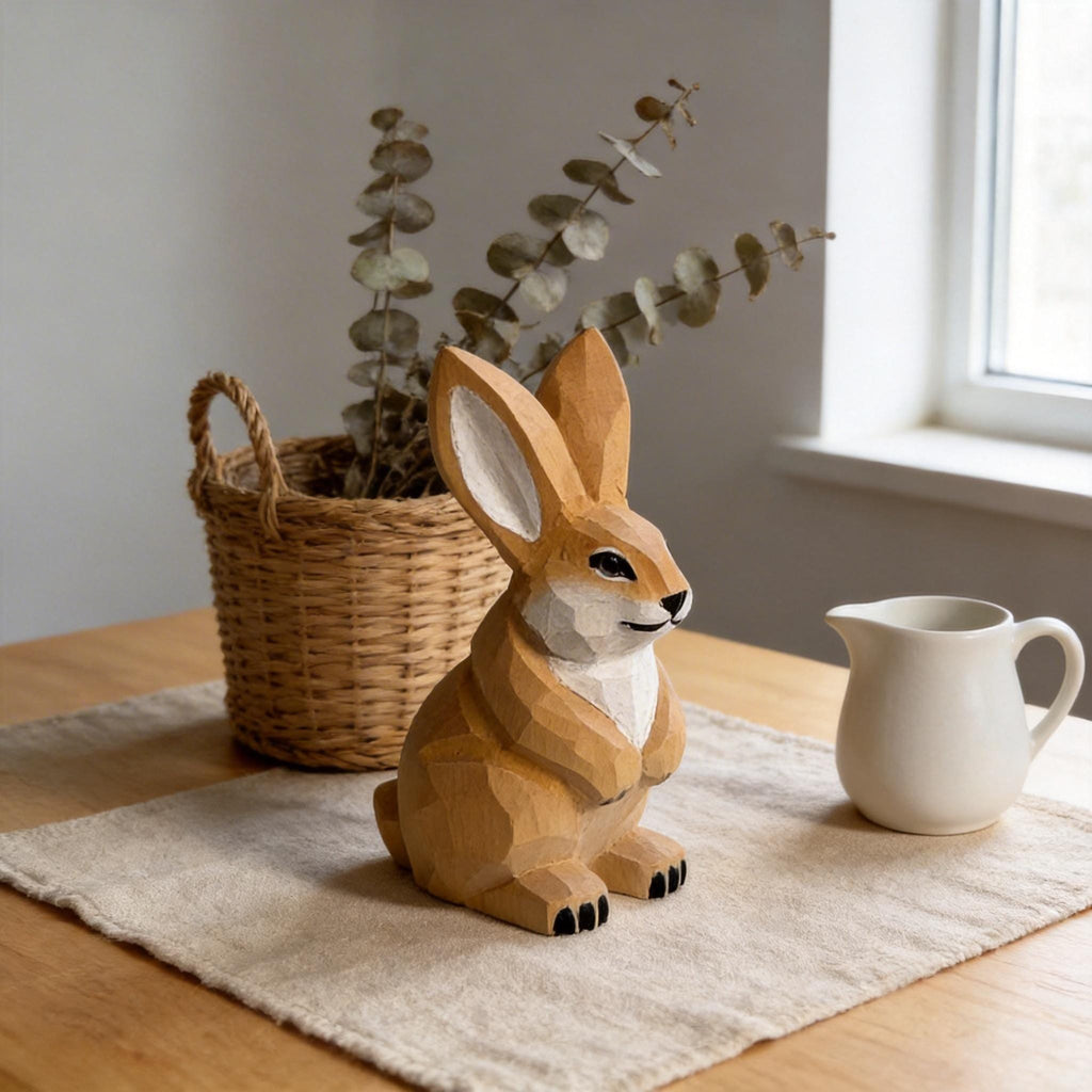Hand Carved Wooden Bunny Figurine, Geometric Woodland Animal Statue, Minimalist Decor