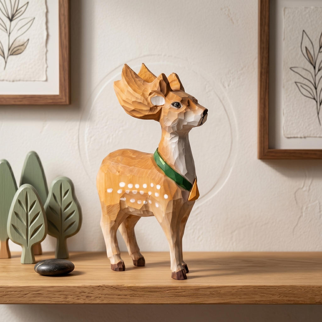 Whimsical Wooden Deer Figurine | Hand Carved Fawn Sculpture | Woodland Nursery Decor | Rustic Shelf Art | Unique Gift for Animal Lovers