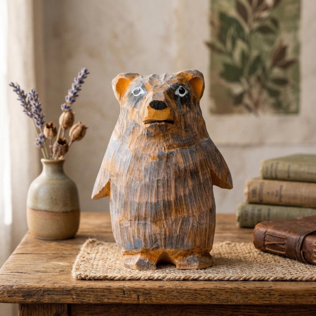 Whimsical Hand Carved Wooden Bear Figurine, Cute Grizzly Bear Statue, Rustic Forest Animal Decor, Unique Wood Anniversary Gift, Nursery Art