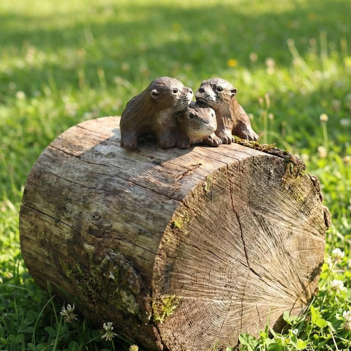 Handmade Wood Otter Trio Figurine, Garden Statue & Planter Decor,  Outdoor Porch Ornament, Friendship Gift