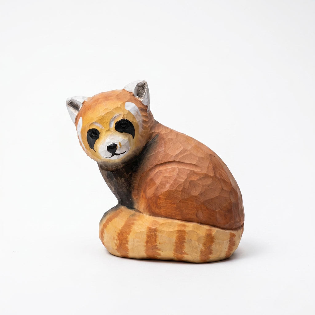 Whimsical Hand Carved Wooden Red Panda Figurine, Rustic Woodland Animal Decor, Cute Red Panda Lover Gift, Unique Wood Art Shelf Sitter