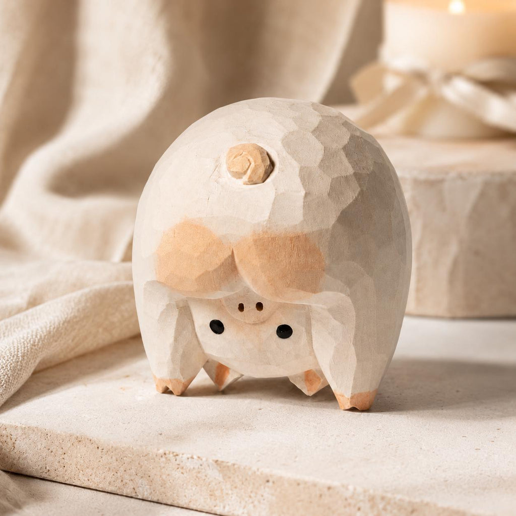 Whimsical Wooden Pig Figurine Hand Carved Animal Rustic Farmhouse Decor Cute Desk Accessory Gift for Pig Lover
