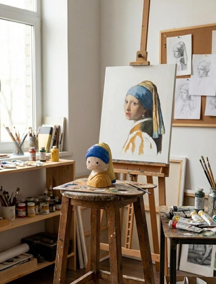 Handmade Wooden Girl with a Pearl Earring Figurine, Dutch Painting Inspired Wood Sculpture, Art Decor