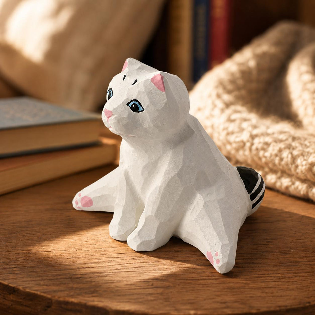 Whimsical White Cat Wood Carving Funny Sploot Kitty Figurine Cat Lover Gift