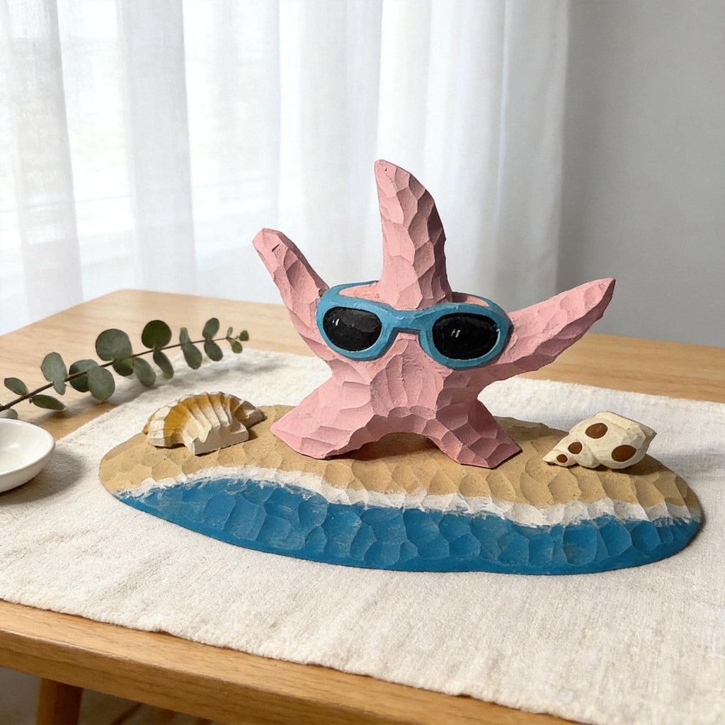 Whimsical Pink Starfish Wood Carving, Beach House Decor, Sunglasses Starfish Figurine, Coastal Shelf Decor, Unique Summer Lover Gift