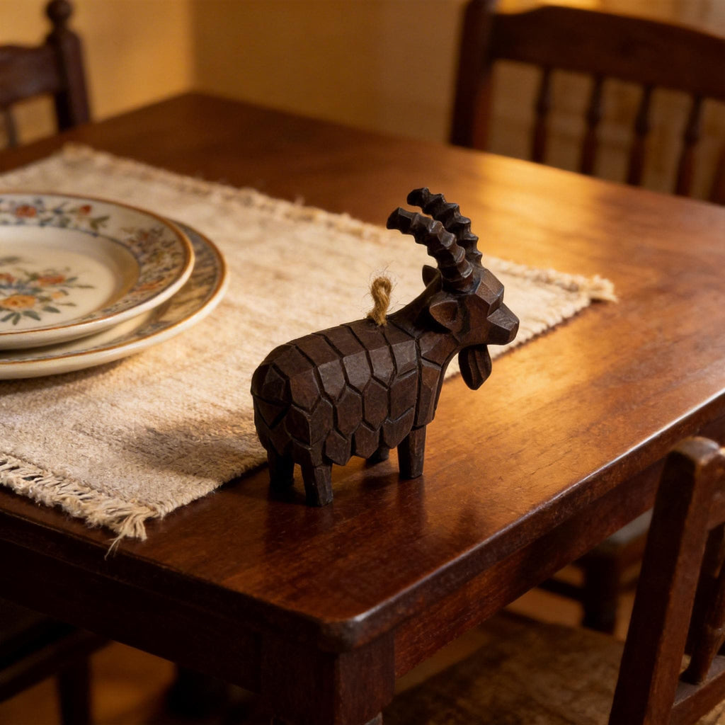 Rustic Geometric Wood Goat Figurine | Hand Carved Mountain Ibex Statue | Farmhouse Shelf Decor | Unique Wooden Animal Lover Gift