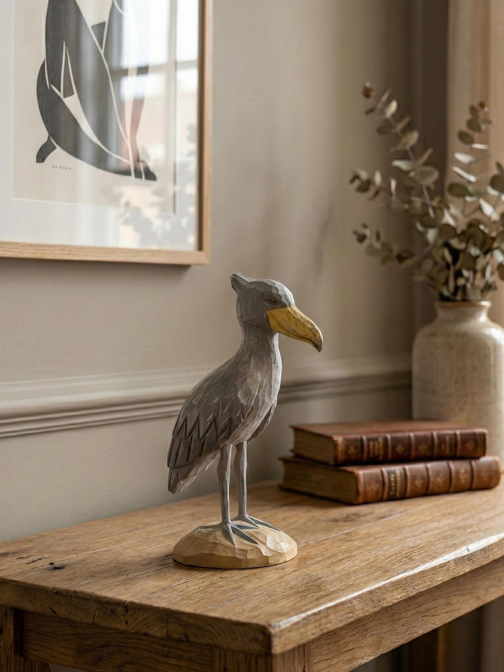 Hand Carved Wooden Shoebill Stork Statue, Rustic Bird Decor