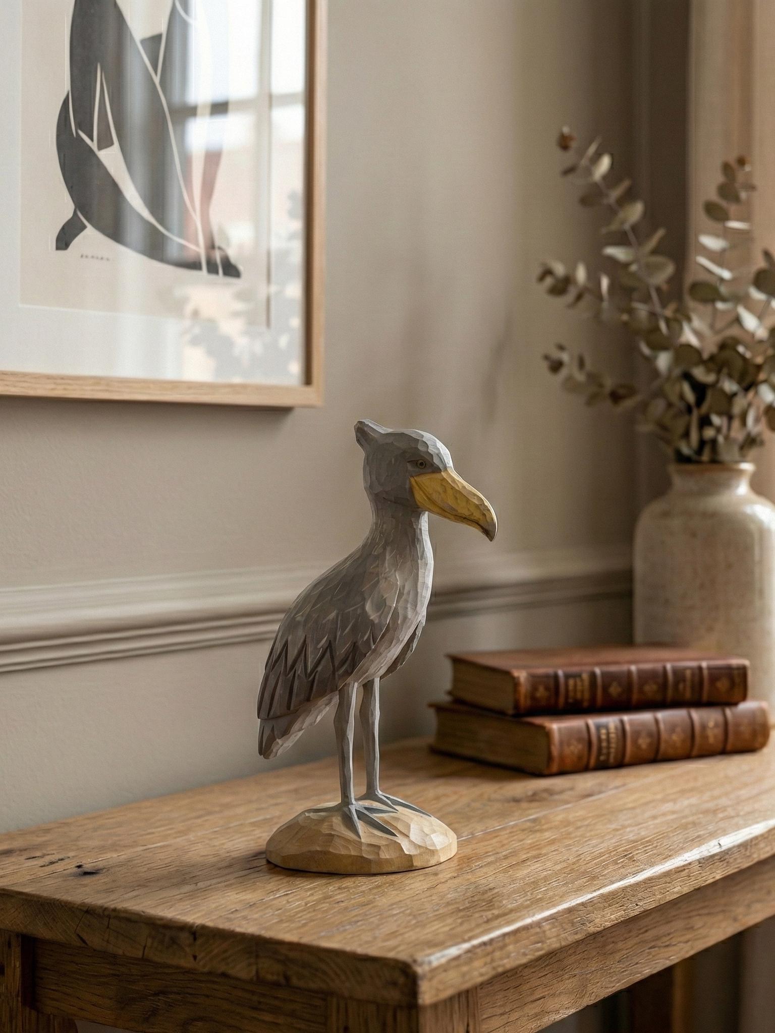 Hand Carved Wooden Shoebill Stork Statue, Rustic Bird Decor