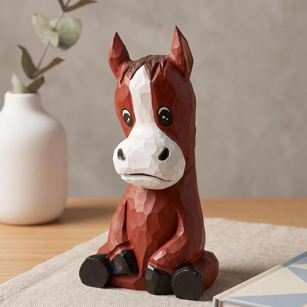 Cute Sitting Wooden Horse Figurine Hand Carved Pony Statue Rustic Nursery Decor Whimsical Animal Art Unique Gift for Horse Lover
