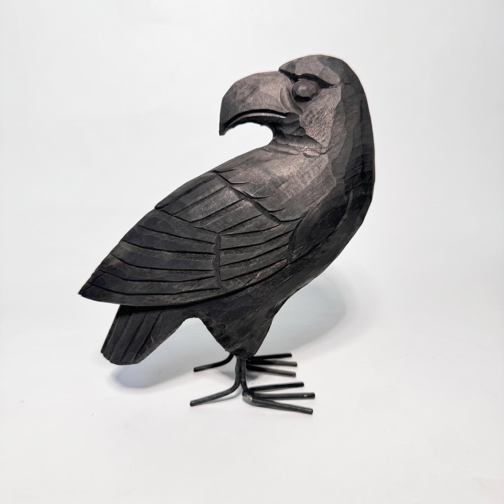 Hand Carved Black Raven Wooden Crow Figurine Rustic Bird Sculpture Gothic Home Decor Unique Wood Anniversary Gift for Nature Lover