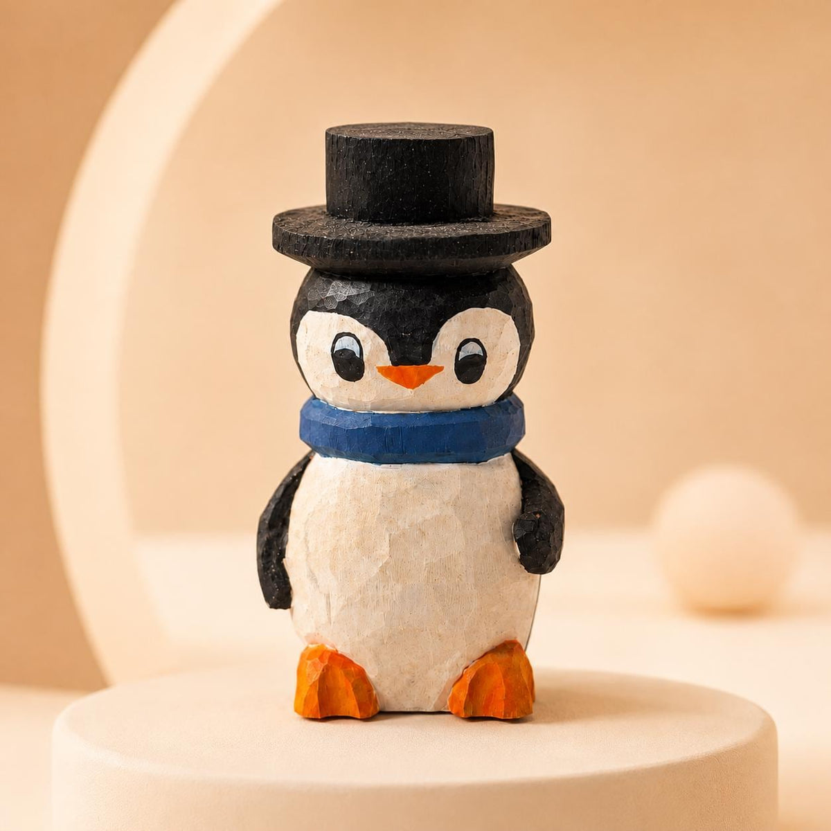 Whimsical Wooden Penguin Figurine, Hand Carved Bird, Top Hat Winter Decor, Rustic Wood Animal, Cute Christmas Gift