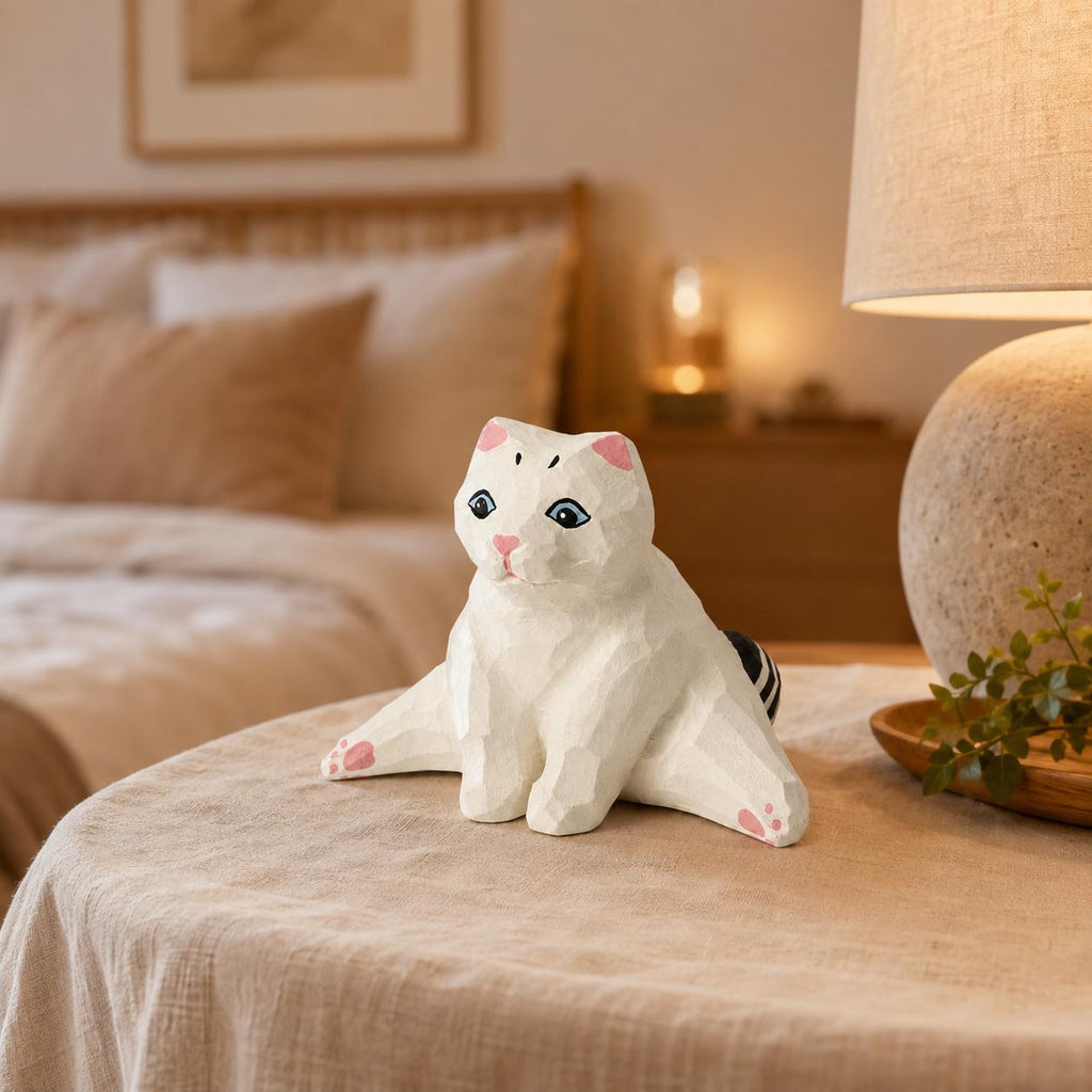 Whimsical White Cat Wood Carving Funny Sploot Kitty Figurine Cat Lover Gift