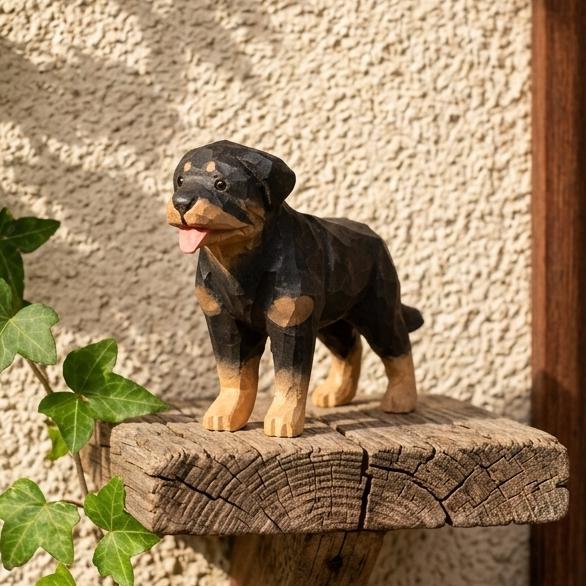 Hand-Carved Wooden Rottweiler Figurine – Realistic Hand-Painted Dog Sculpture