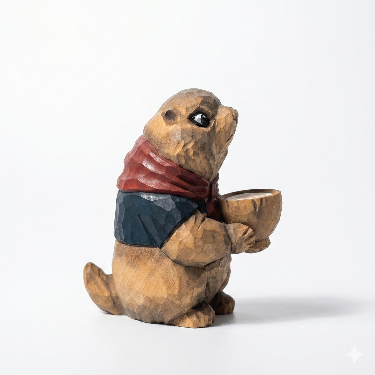 Whimsical Hand-Carved Wooden Groundhog Figurine, Cute Woodchuck Holding Bowl Decor, Cozy Woodland Animal Desk Pet, Nature Lover Gift