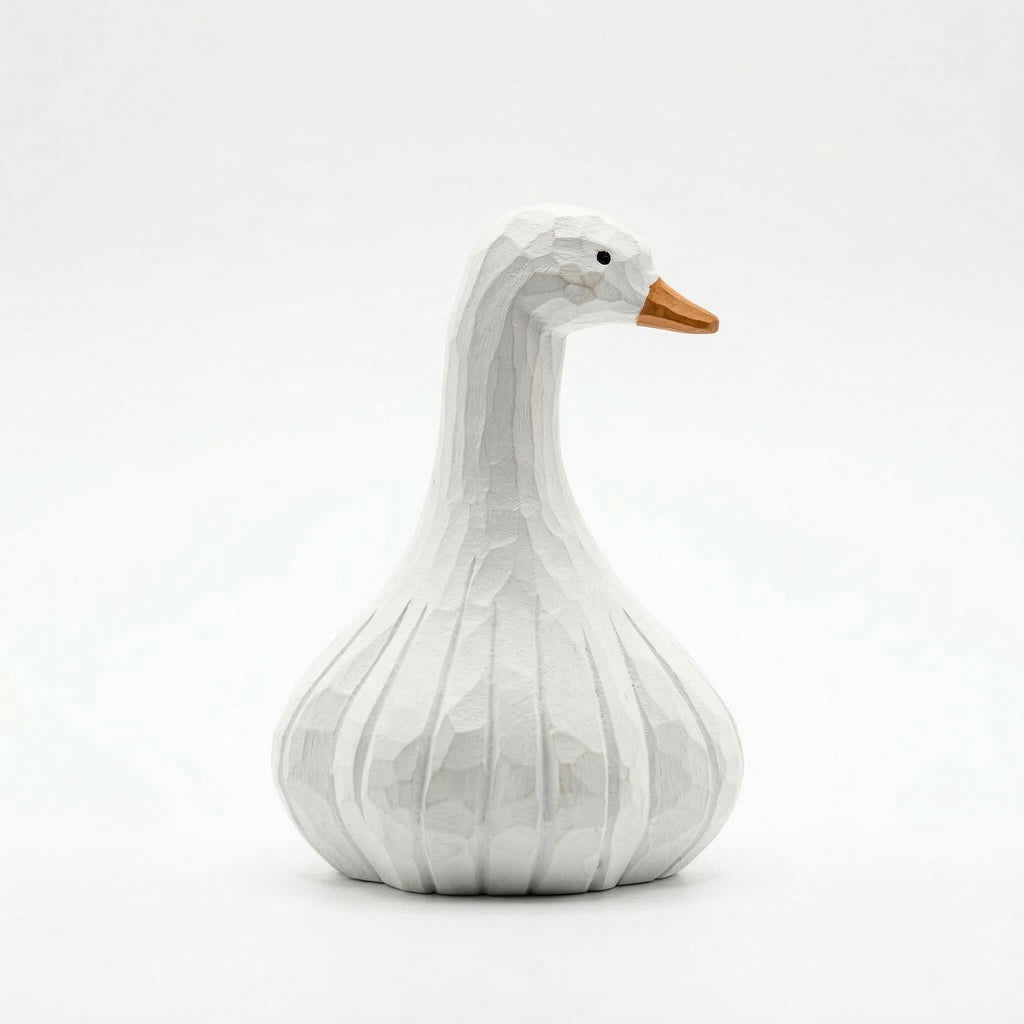 Whimsical Hand-Carved Wooden Goose Figurine, Rustic White Bird Sculpture, Farmhouse Kitchen Decor, Quirky Garlic Goose Art