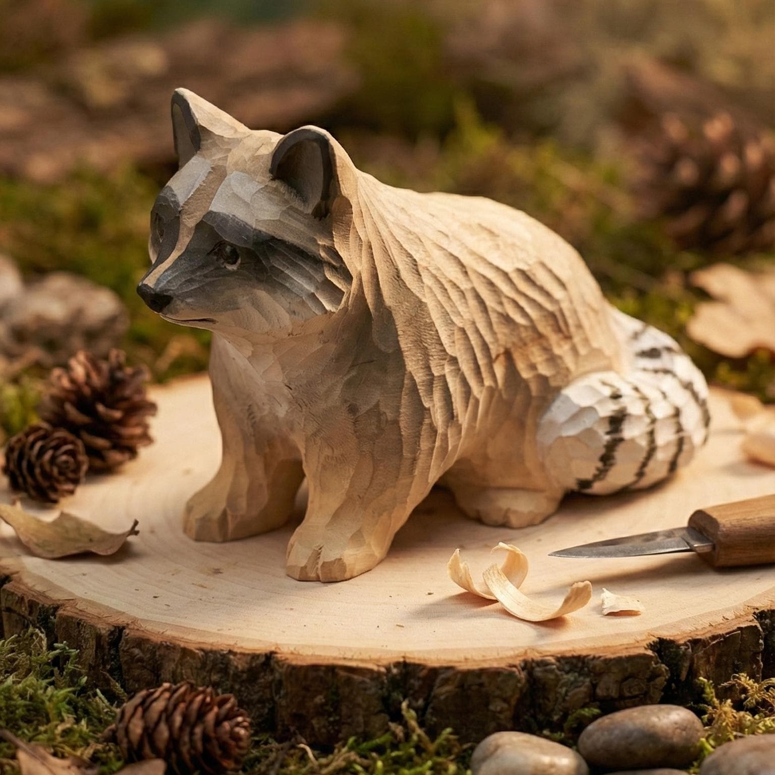 Hand Carved Wooden Raccoon Statue, Rustic Woodland Nursery Decor, Forest Animal Figurine, Garden Ornament