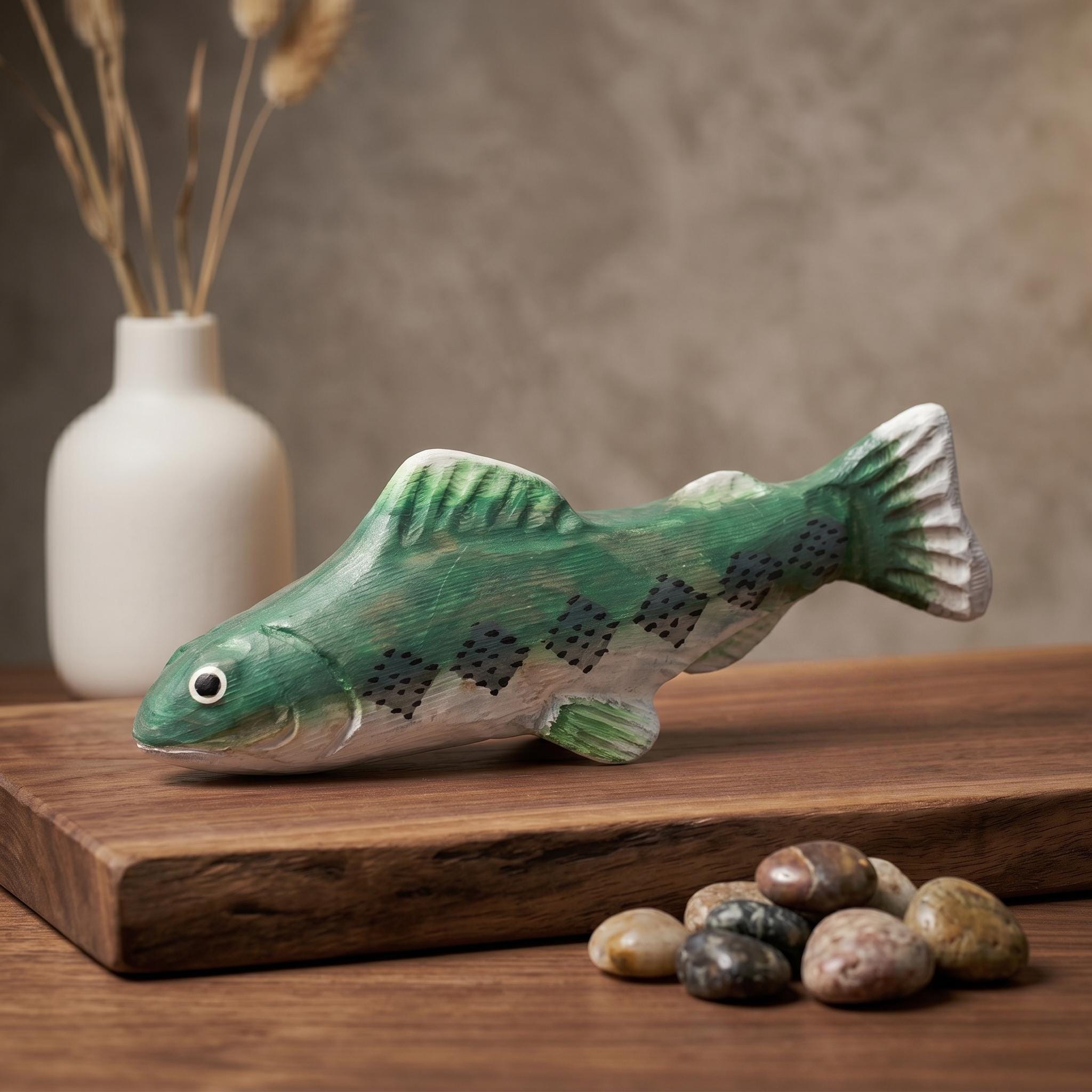 Rustic Hand Carved Wooden Trout Figurine, Green Fish Decor, River Cabin Art, Fly Fishing Gift for Him, Nature Lover Desktop Ornament