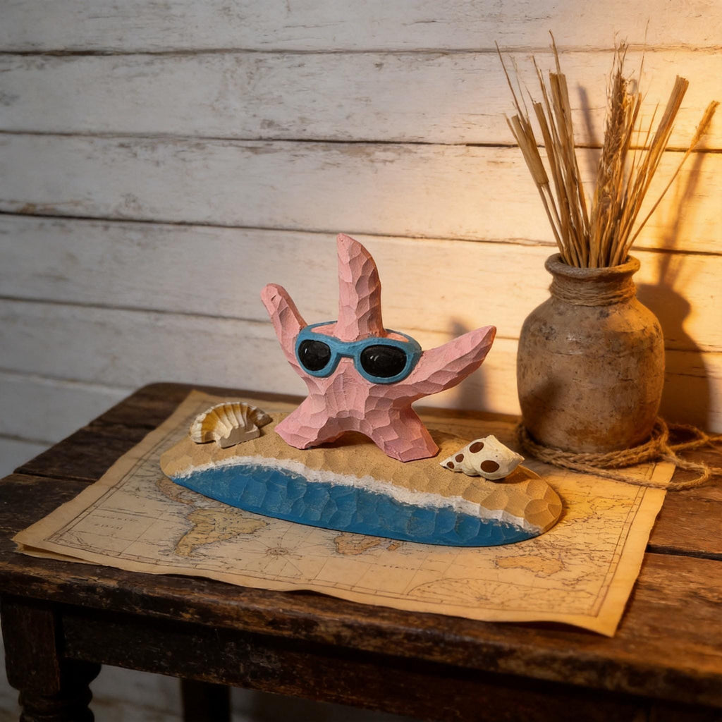 Whimsical Pink Starfish Wood Carving, Beach House Decor, Sunglasses Starfish Figurine, Coastal Shelf Decor, Unique Summer Lover Gift