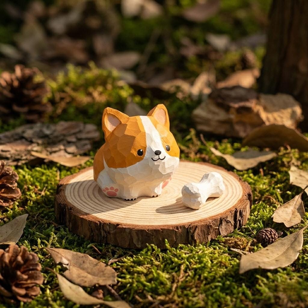 Wooden Corgi Figurine with Bone, Miniature Dog Statue, Whimsical Desk Decor, Corgi Lover Gift