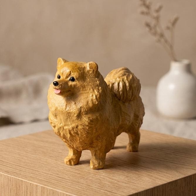 Fluffy Pomeranian Wood Carving, Cute Dog Figurine, Pet Memorial Gift, Wooden Puppy Statue, Desk Decor for Dog Lovers