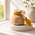 Hand Carved Wooden Money Bag, Dollar Sign Coin Purse Figurine, Gold Tassel Wealth Symbol, Rustic Farmhouse Desk Decor, Lucky Money Gift