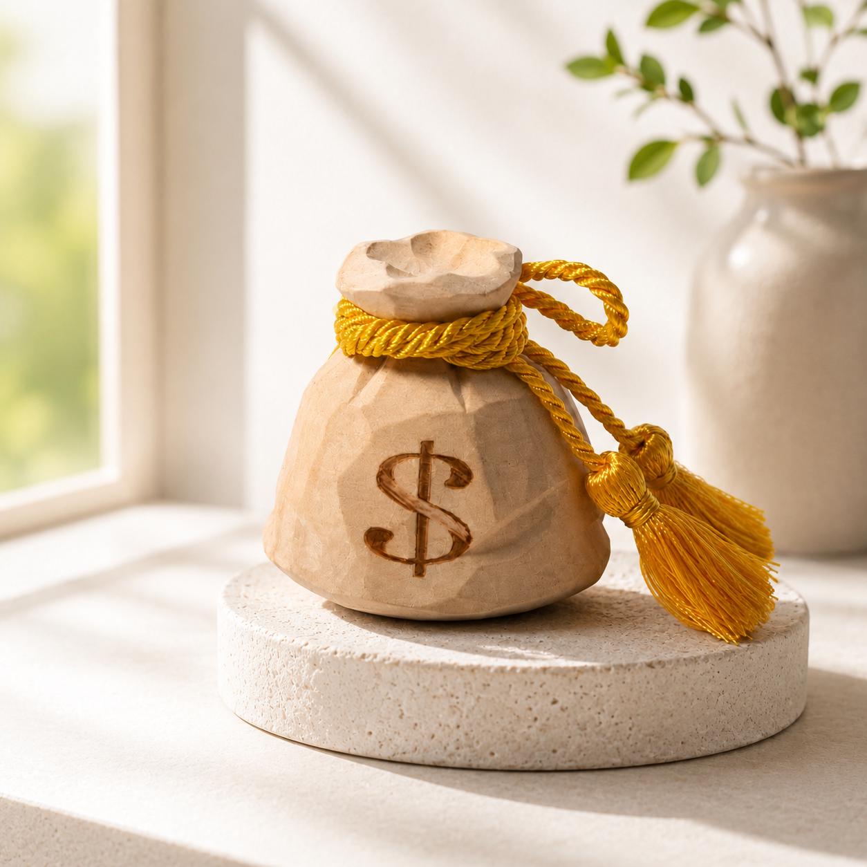 Hand Carved Wooden Money Bag, Dollar Sign Coin Purse Figurine, Gold Tassel Wealth Symbol, Rustic Farmhouse Desk Decor, Lucky Money Gift