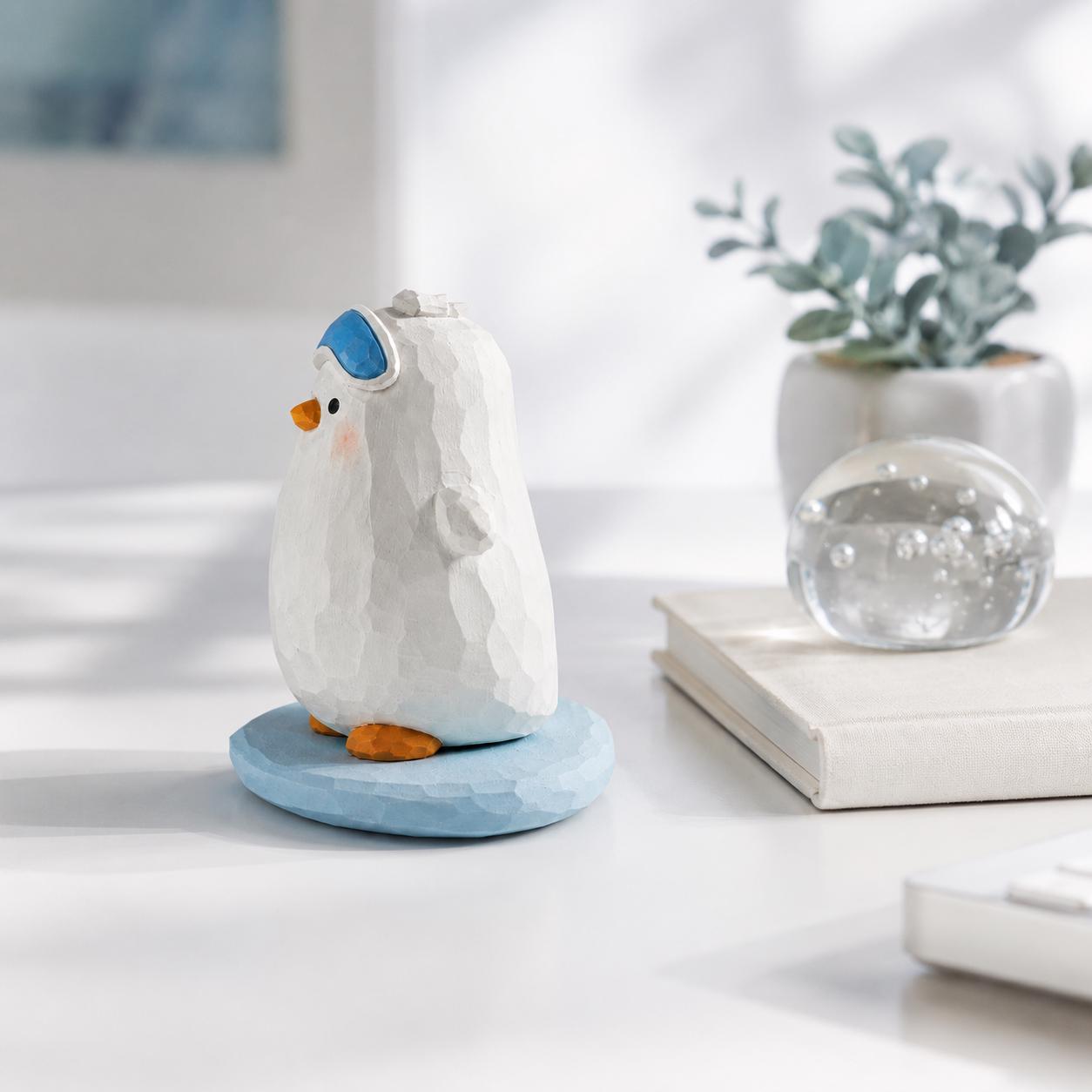 Whimsical Snowboarding Bird Wood Carving, Cute Winter Decor, Hand Carved Penguin Figurine, Ski Lover Gift