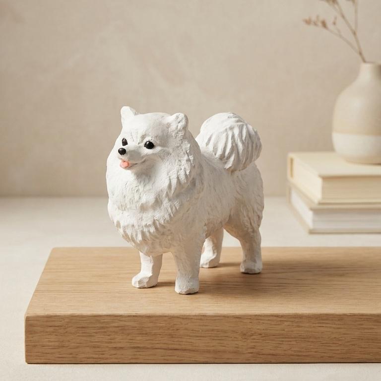 Fluffy Pomeranian Wood Carving, Cute Dog Figurine, Pet Memorial Gift, Wooden Puppy Statue, Desk Decor for Dog Lovers